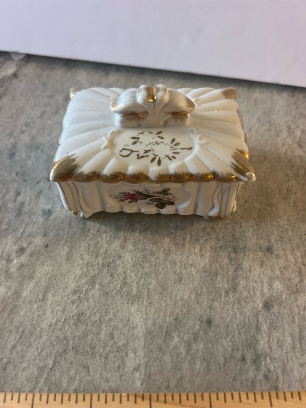 White and Gold Porcelain Jewelry Trinket Box with Floral Accent